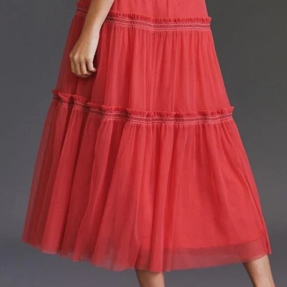 Anthropologie Smocked Ruffle Tiered Tulle Midi Red Pink Dress - Picture 3 of 11